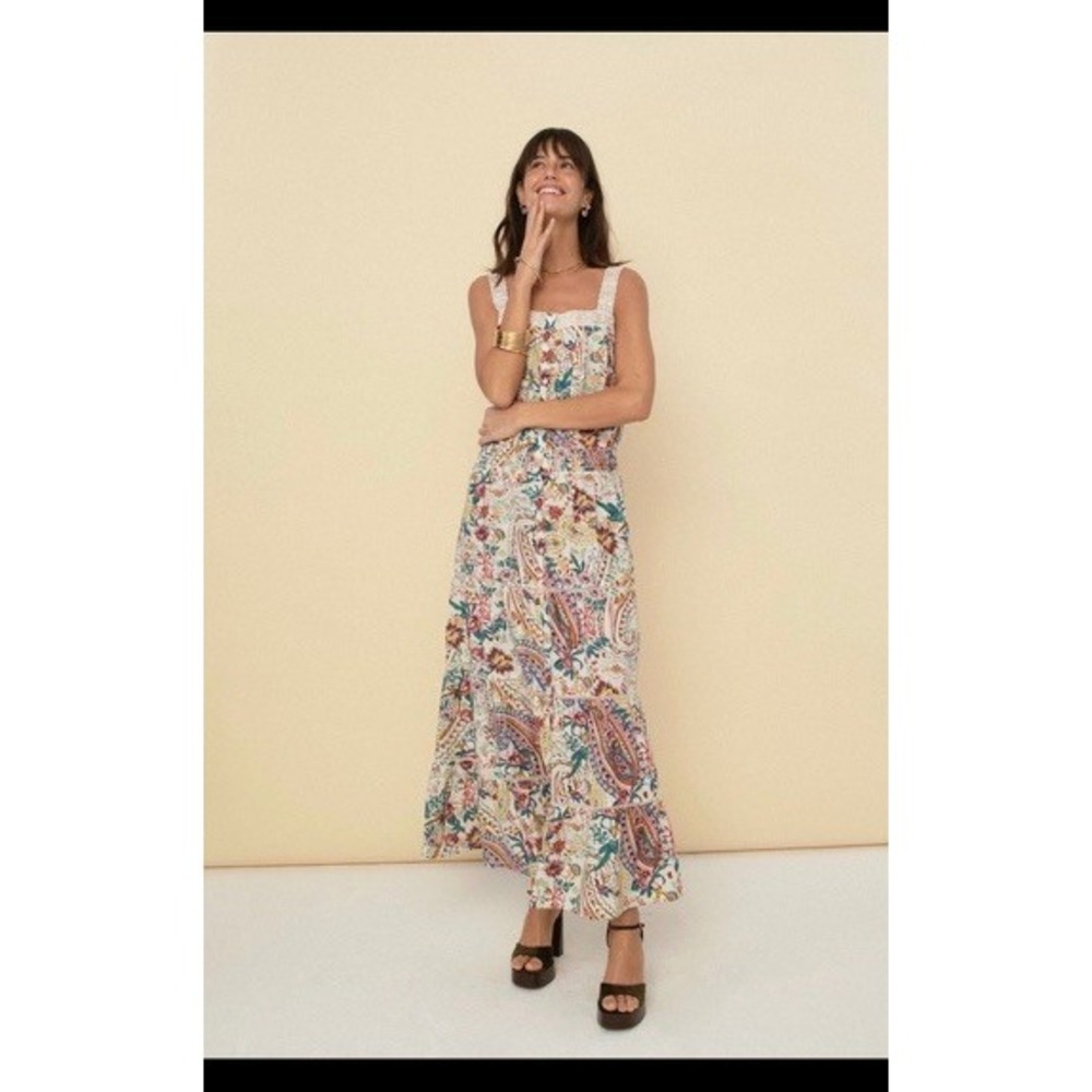 Sonmer Womens Paisley Floral Lace  Maxi Dress Smocked Waist Boho XS‎ New Cotton